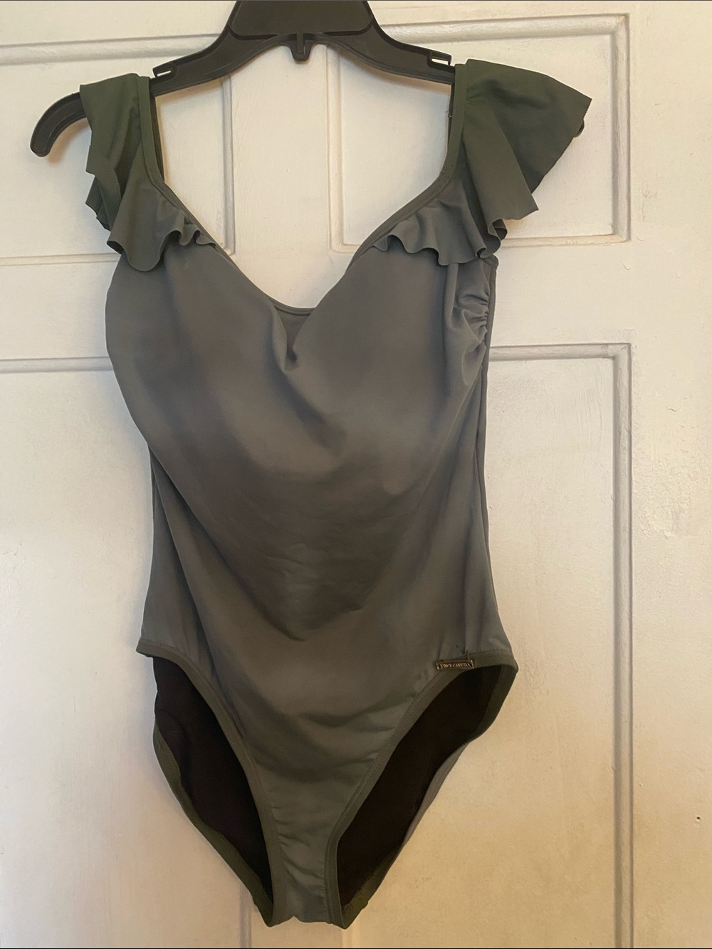Vince Camuto Olive Green One-Piece Swimsuit with Metal Logo.